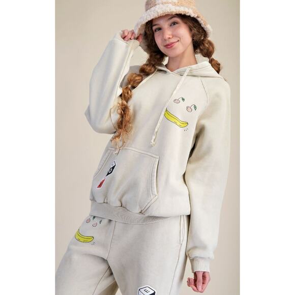 Easel Women Happy Kahki Fleece Jogger Hoodie Set Mineral Wash Athleisure - Picture 3 of 3